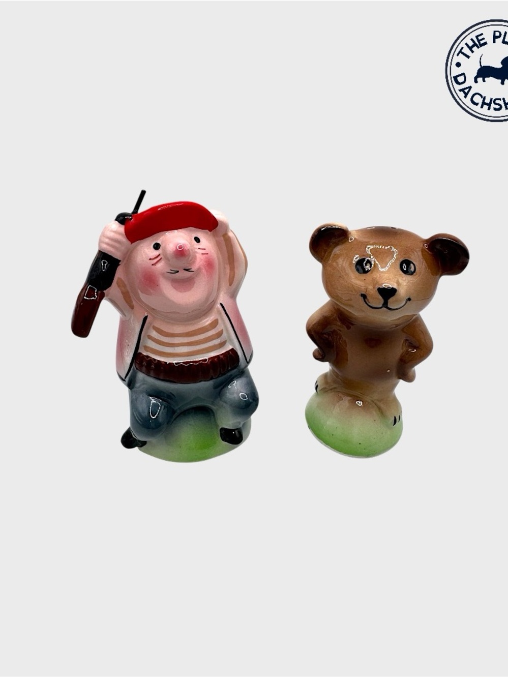 Vintage Enesco Hunter and Bear Shakers